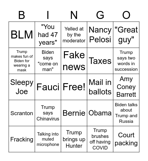 Presidential Debate BINGO Drinking Game Bingo Card