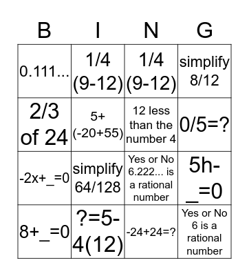 Additive Inverse, Rational Number Bingo Card