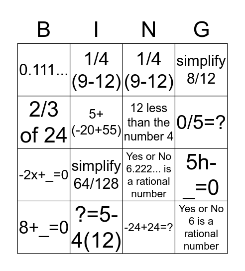 Additive Inverse, Rational Number Bingo Card