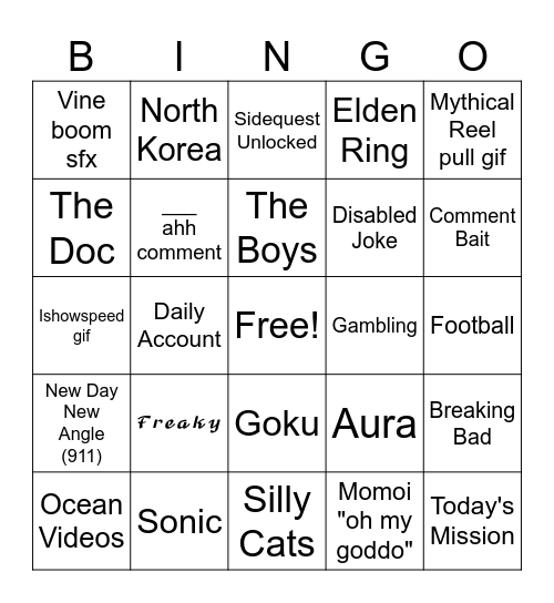 Slop of the Day Bingo Card