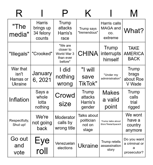 Trump vs Harris Bingo Card