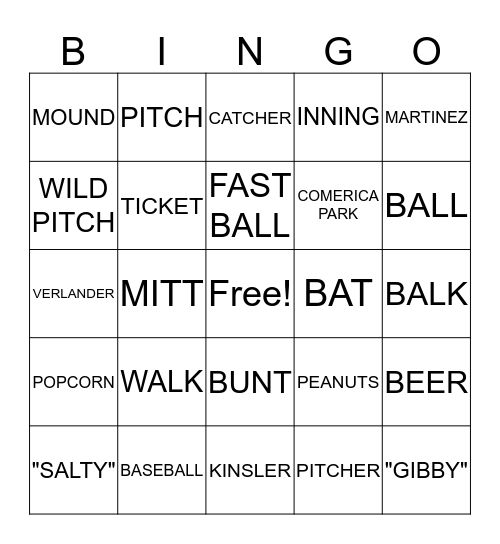 TIGER BASEBALL BINGO Card