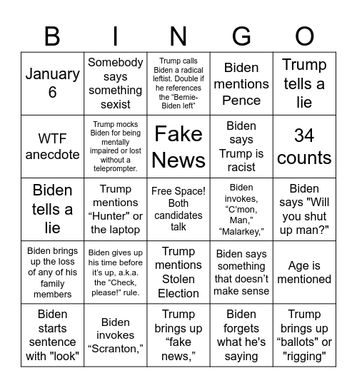 Trump-Biden Debate Bingo Card