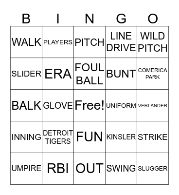 TIGER BASEBALL BINGO Card