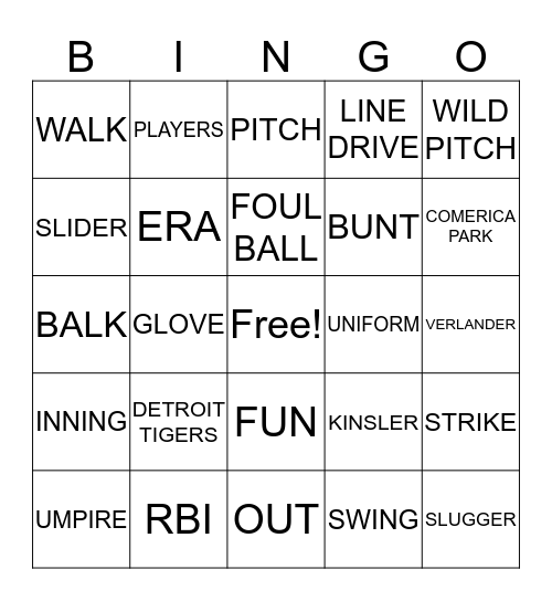 TIGER BASEBALL BINGO Card