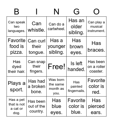 FIND SOMEONE WHO: Find a different person for each box. Can you get a bingo or a blackout? Bingo Card