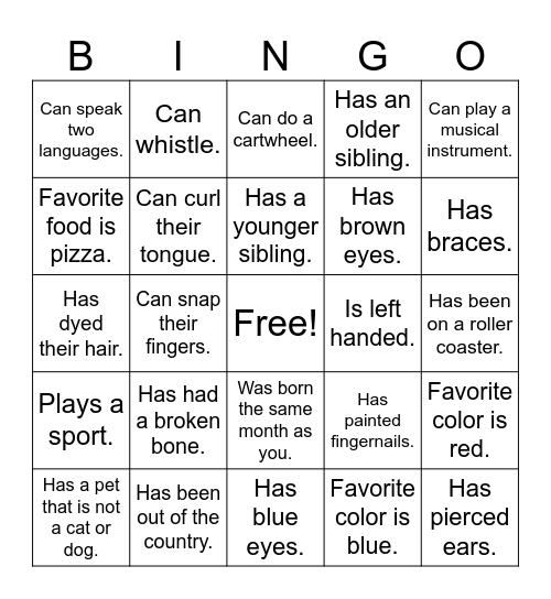 FIND SOMEONE WHO: Find a different person for each box. Can you get a bingo or a blackout? Bingo Card