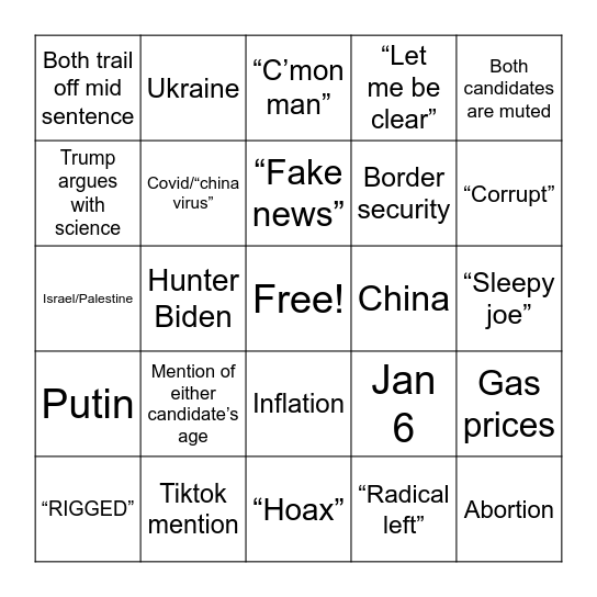 Verbal volley: June 27th debate Bingo Card