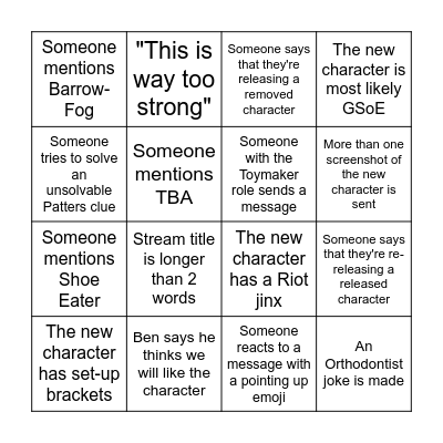 Character Release Bingo Card