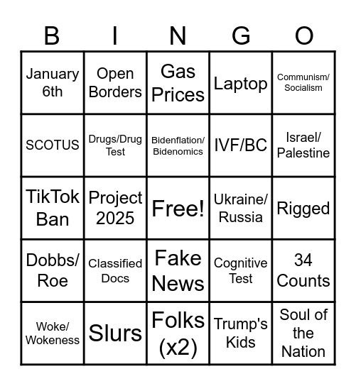 2024 Debate #1 Bingo Card