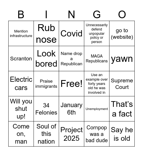 Biden debate bingo card Bingo Card