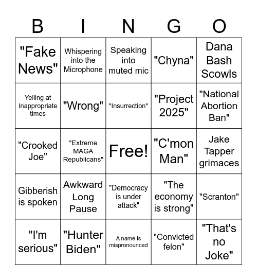 2024 Presidential Debate Bingo Card