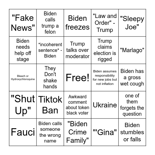 Presidential Debate Bingo Card