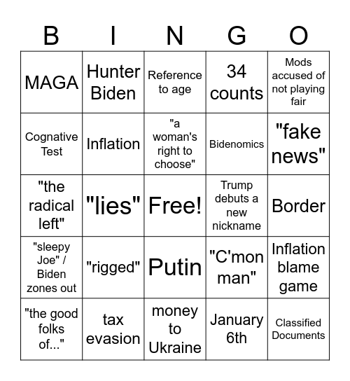 1st 2024 Presidential Debate Bingo Card