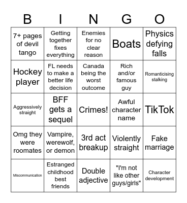 Romance novel bingo Card