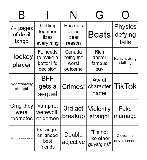 Romance novel bingo Card