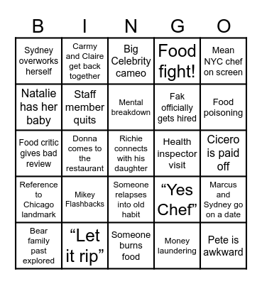 The Bear Season 3 Bingo Card