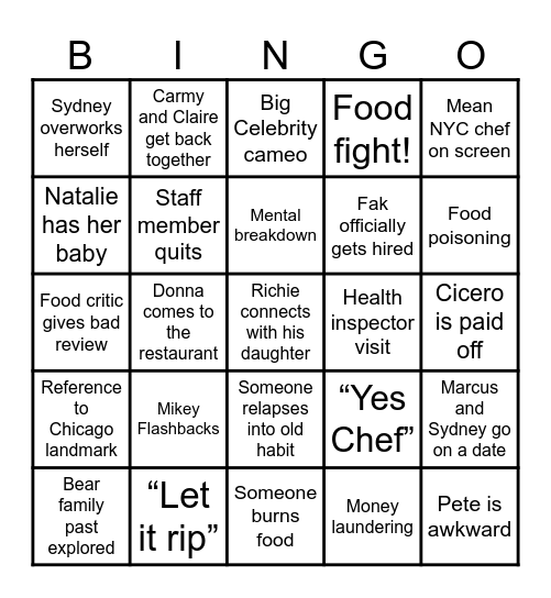 The Bear Season 3 Bingo Card