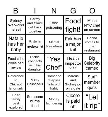 The Bear Season 3 Bingo Card