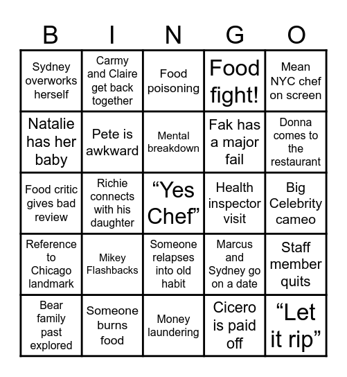 The Bear Season 3 Bingo Card