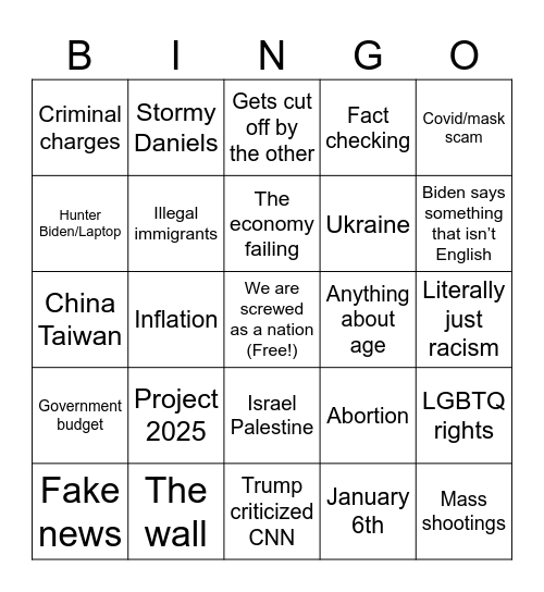 Presidential debate bingo Card