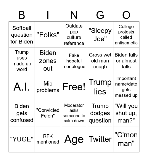 Presidential Debate Bingo Card