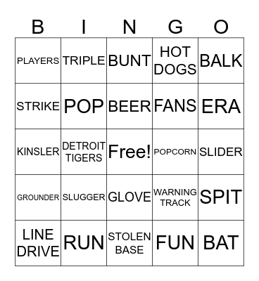 TIGER BASEBALL BINGO Card