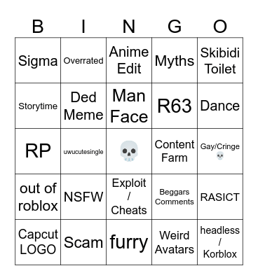 Cringe Roblox Shorts Bingo Card