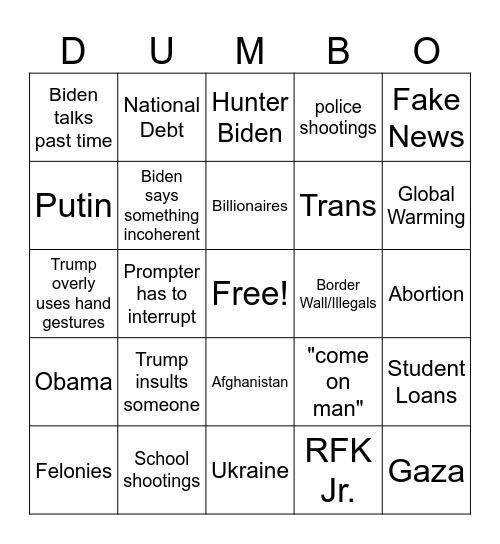 Presidential Debate 2024 Bingo Card