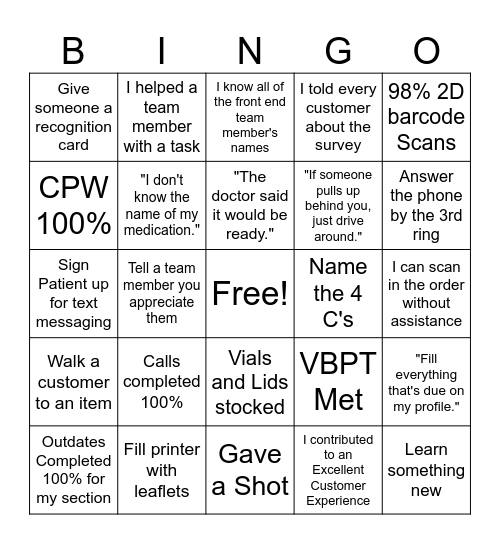 Walgreens Pharmacy Bingo Card