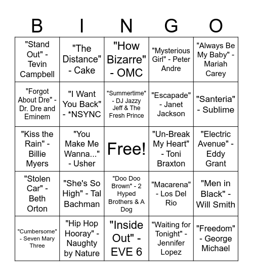 90's Music Bingo Round #3 Bingo Card