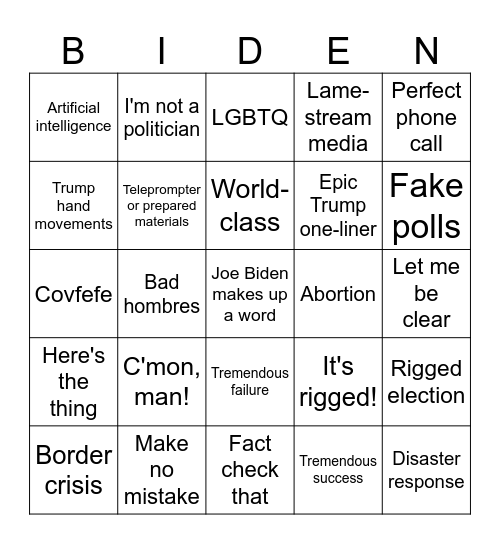 Trump/Biden debate bingo Card