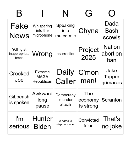 Presidential Debate Bingo Card