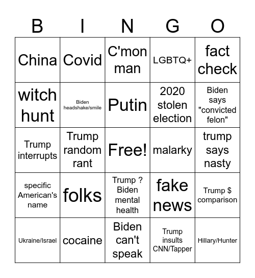 Biden-Trump Debate Bingo Card
