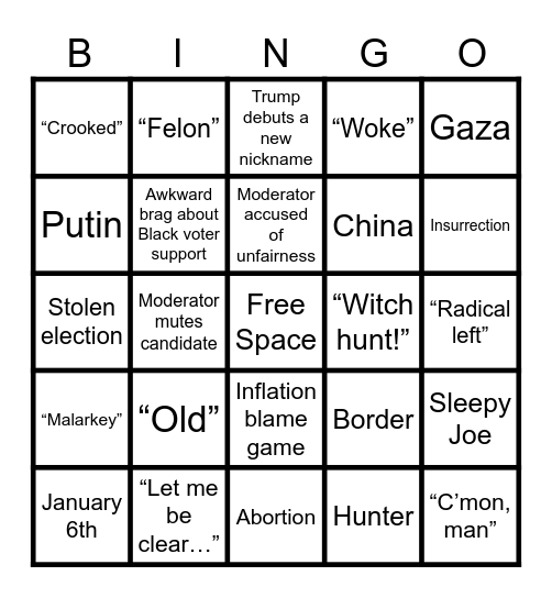 CK’s Presidential Debate Bingo Card