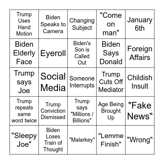 2024 Presidential Debate Bingo Card