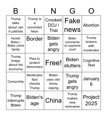 Presidential Debate 2024 BINGO Card