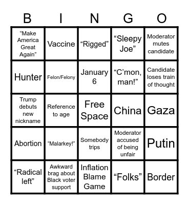 CK’s Debate Night Bingo Card