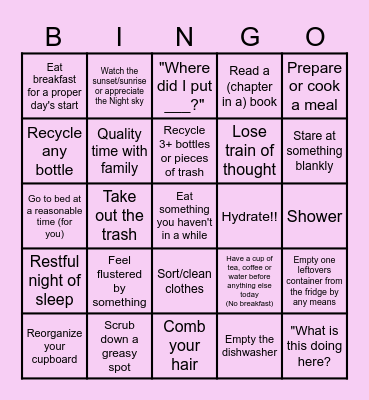 Daily house tasks with ADHD Bingo Card