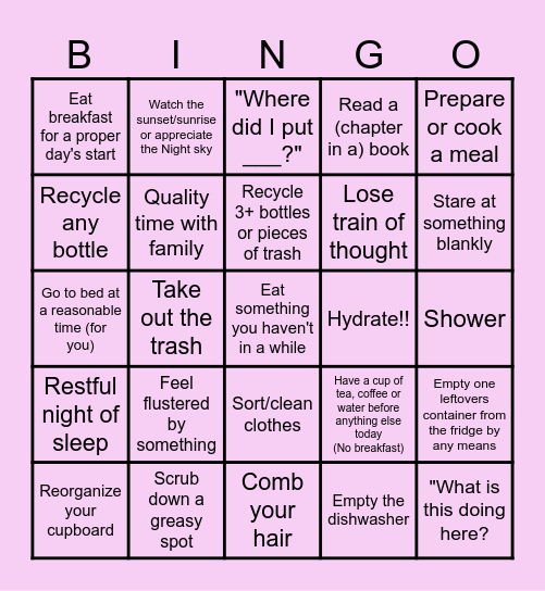 Daily house tasks with ADHD Bingo Card