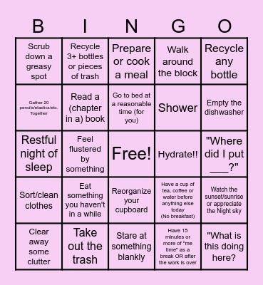 Daily house tasks with ADHD Bingo Card