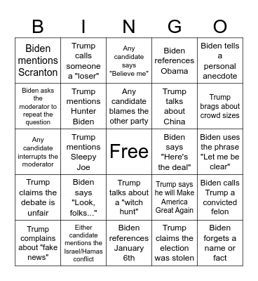 2024 Presidential Debate Bingo Card