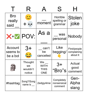 YT Shorts cancer Bingo Card