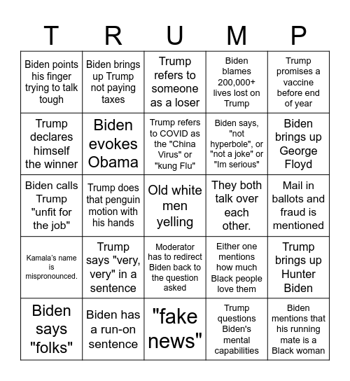 debate bingo or drinking game Bingo Card