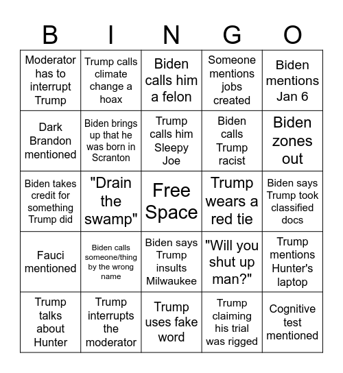 2024 Presidential Debate Bingo Card