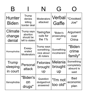 2024 US Presidential Debate #1 Bingo Card
