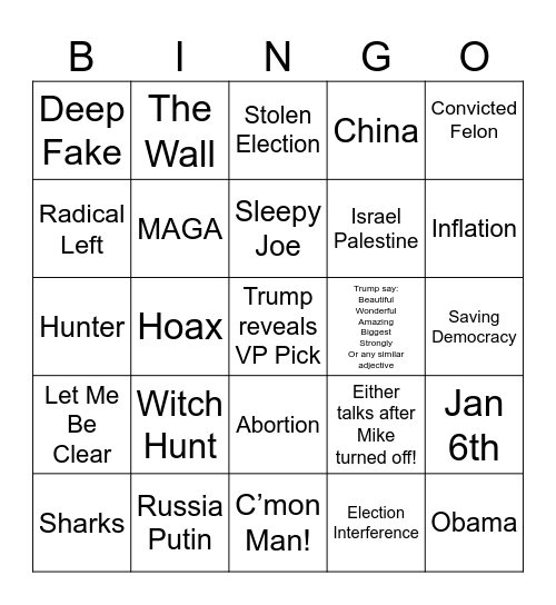 Biden Trump Debate Bingo Card