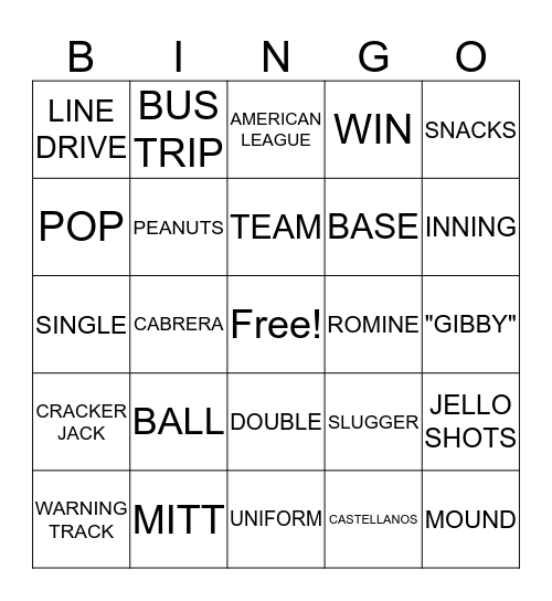 TIGER BASEBALL BINGO Card