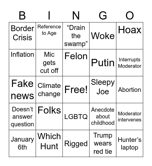 2024 Presidential Debate Bingo Card
