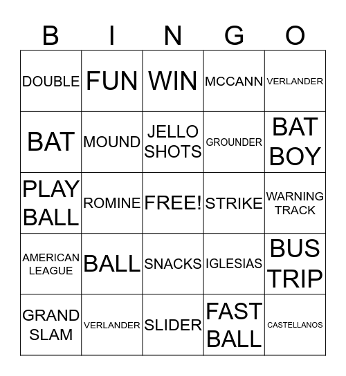 TIGER BASEBALL BINGO Card